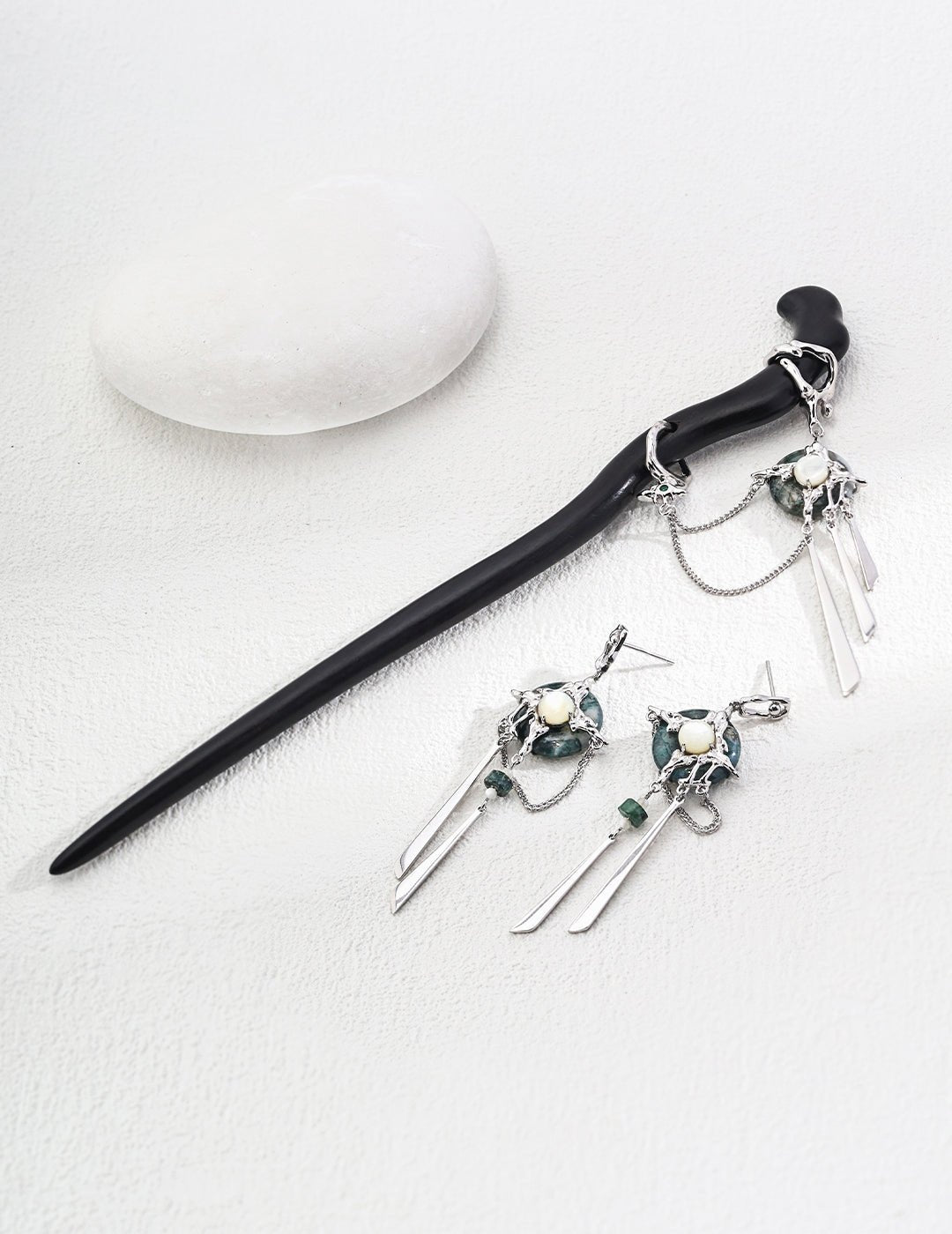 Mystic Night Silver Hairpin with Agate and White Mother - of - Pearl - Amber Aura Jewelry